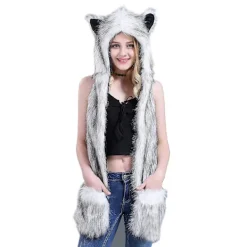 Varg Fuskpäls Party Djur Hatt Halsduk Handskar Vantar för Kvinnor Män 3-i-1 Mjuk Pälsig Hoodie Kostym Hattar Mjuk Varm Mössa Öronlappar(C)> Huvudbonader