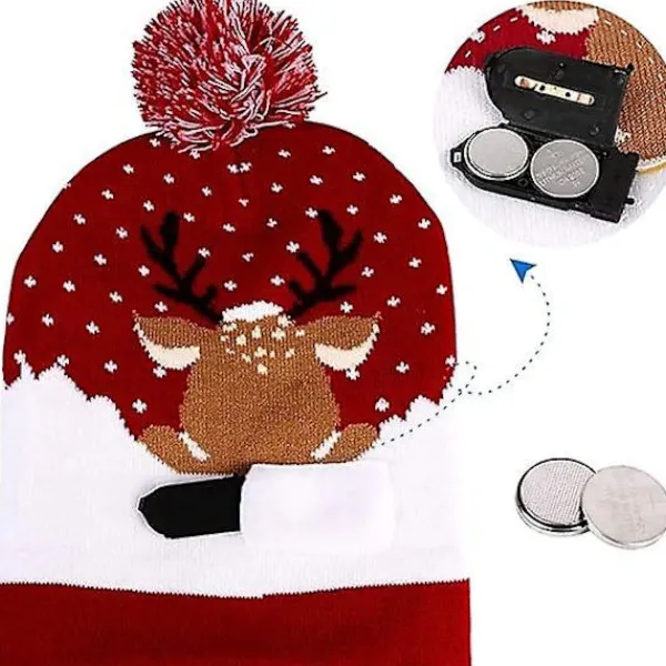 Varm LED Julmössa, Ljus Julmössa, Unisex Stickad Julmössa, Med Renmönster, Passar För Fester (röd)> Huvudbonader
