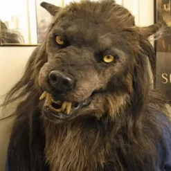 Varulvs ansiktsmask med lysande ögon, rörliga öron och käkar för> Masker