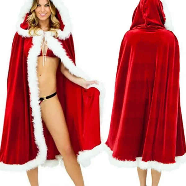 Velvet Hooded Cape Cloak Sexy Santa Cosplay Christmas Costumes 150cm> Dräkter