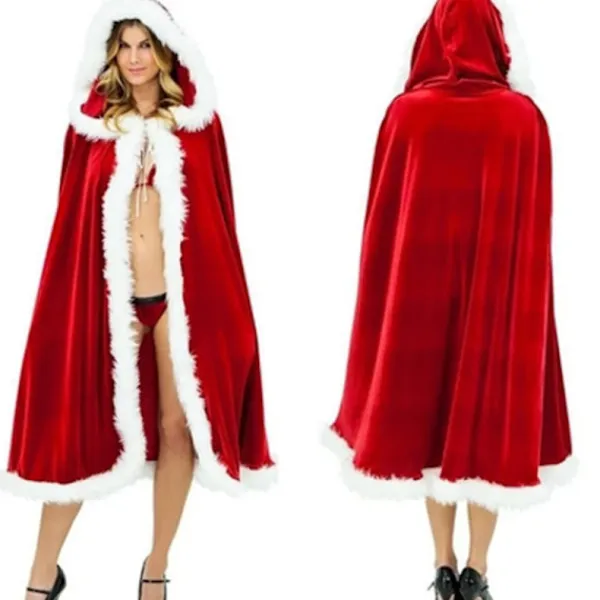 Velvet Hooded Cape Cloak Sexy Santa Cosplay Christmas Costumes 150cm> Dräkter
