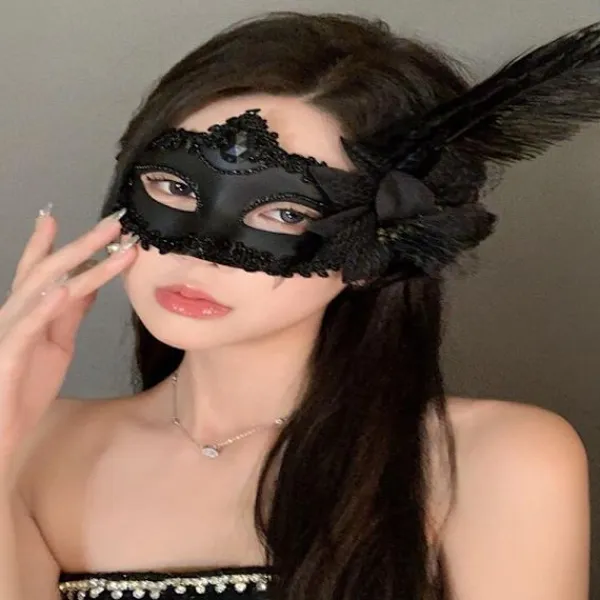 Venedig Vuxen Maskerad Prinsessa Mask Kvinnlig Halv Ansikte, Party Sexig Sida Blomma Strutsfjäder Mask> Masker