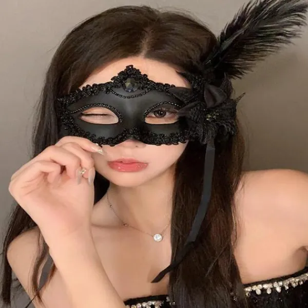 Venedig Vuxen Maskerad Prinsessa Mask Kvinnlig Halv Ansikte, Party Sexig Sida Blomma Strutsfjäder Mask> Masker