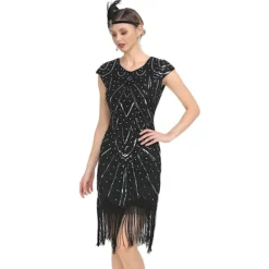 Vintage Flapperklänningar 1920-tal för Kvinnor Kristallpärlbroderad Fransklänning Great Gatsby Klänning Svart Svart Svart {EFY} L> Dräkter
