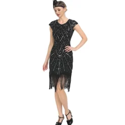 Vintage Flapperklänningar 1920-tal för Kvinnor Kristallpärlbroderad Fransklänning Great Gatsby Klänning Svart Svart Svart {EFY} L><noscript><img width=