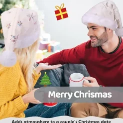 Vit Jultomtehatt för Vuxna, Plysch Julhatt för Kvinnor och Män, Varm och Tjock Tomtehatt med Paljetter Snöflinga><noscript><img width=