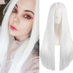 (Vit)Färgglad panda lång rak cosplay peruk med lugg naturlig syntetisk hårperuk för kvinnor eller G><noscript><img width=
