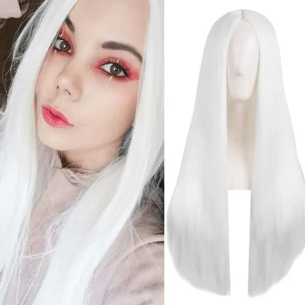 (Vit)Färgglad panda lång rak cosplay peruk med lugg naturlig syntetisk hårperuk för kvinnor eller G> Peruker