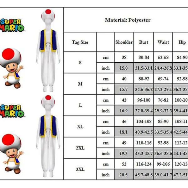 Vuxna Super Mario Bros 2 Toad Cosplay Party Kostym Toppar+byxor+hatt Outfitset Presenter> Dräkter