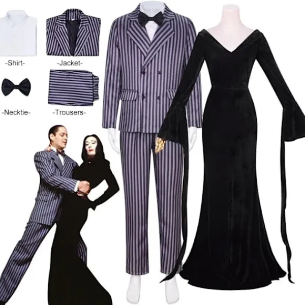 Wednesday Addams Kostym Morticia Maxiklänning Långärmad Herr Gomez Cosplay Endast Peruk One Size> Peruker