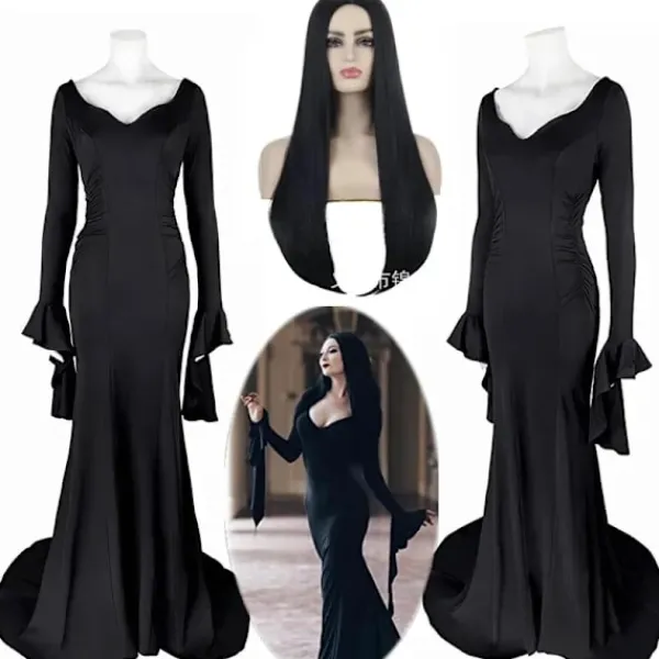 Wednesday Addams Kostym Morticia Maxiklänning Långärmad Herr Gomez Cosplay Endast Peruk One Size> Peruker