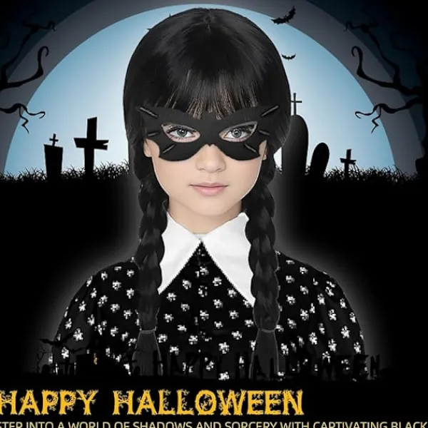 Wednesday Addams peruk för barn kvinnor, Addams svart lång flätad> Peruker