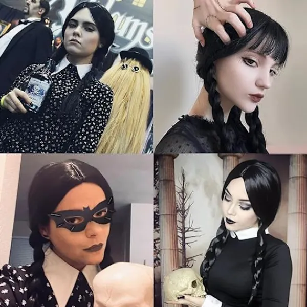Wednesday Addams peruk för barn kvinnor, Addams svart lång flätad> Peruker