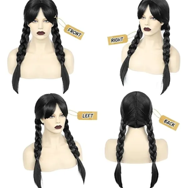 Wednesday Addams peruk för barn och kvinnor, Addams svart lång flätad -FA-> Peruker