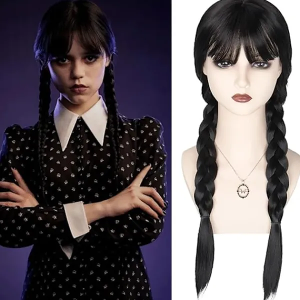 Wednesday Addams peruk för barn och kvinnor, Addams svart lång flätad -FA-> Peruker