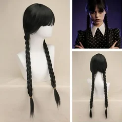 Wednesday Addams Peruk med Peruknät Svarta Peruker för Wednesday Kostym Lång Svart Flätad Peruk Flätade Peruker för Addams Fest><noscript><img width=