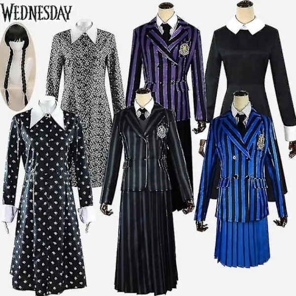 Wedneday Addam The Addam Family Nevermore Kotym Uniform et Kvinnokläder Wig 1> Peruker