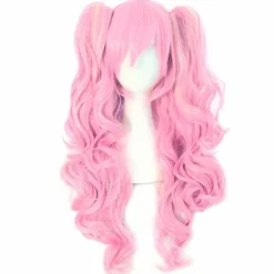 Wekity Multicolor Lolita Lång Lockar Hästsvans Cosplay Peruk, Rosa + Guld> Peruker